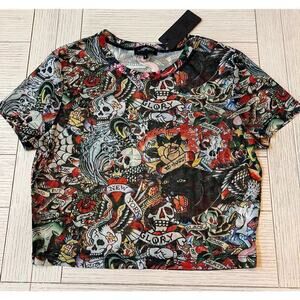 Ed Hardy NWT sheer tattoo crop black & red short sleeve poly, rayon top. Sz L.